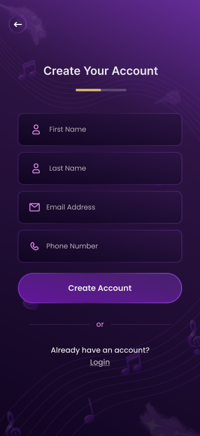 The VYTUNE create account and login screens
